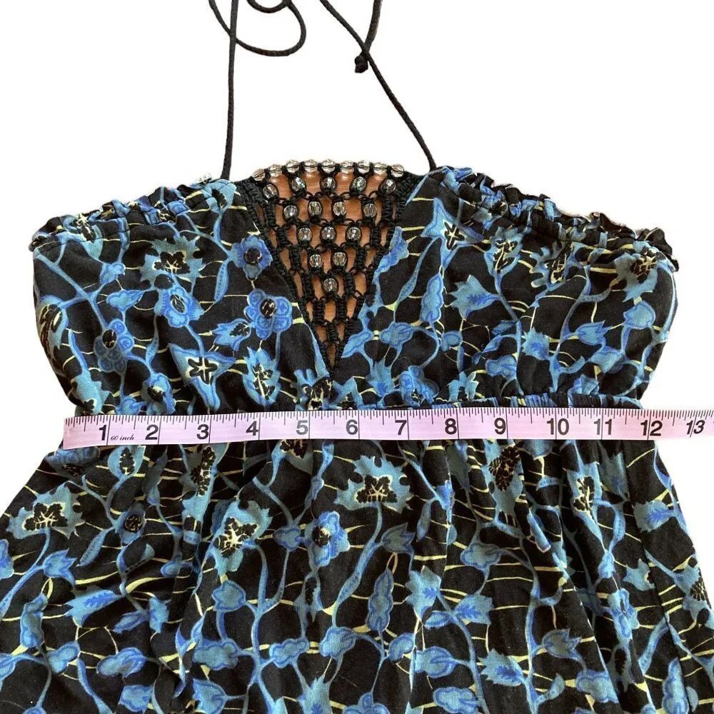 𝅺Free People Beaded Halter Dress, Black and Blue Floral‎ Pattern, Size Medium - Picture 7 of 10